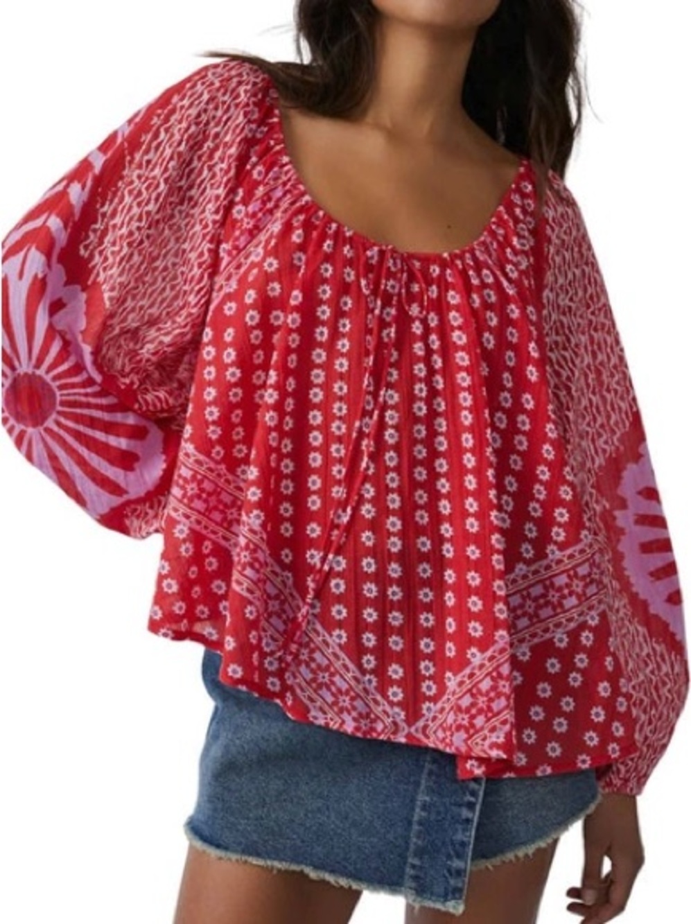 free people Elena printed blouse red pink size large - Picture 5 of 5